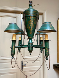 Antique English painted metal tole 4 light chandelier with candle shades and chain swags