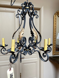 Antique French painted wrought iron 6 light chandelier with gilt metal acanthus leaves