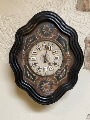 Antique French Napoleon III ebony diamond-shaped wall clock with mother-of-pearl inlay & enamel