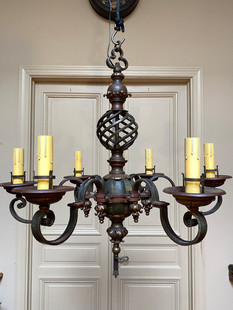Antique French painted wrought iron and carved wood 6 arm chandelier with gilt decorative metal details