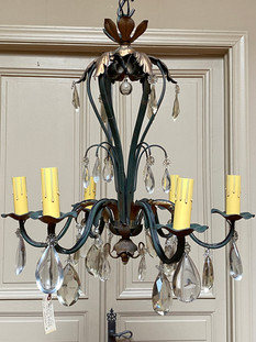 Antique French painted wrought iron 6 arm chandelier with gilt metal acanthus leaves and crystal drops