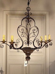 Antique French wrought iron 6 arm chandelier with gilt metal details and cut glass bead adornments