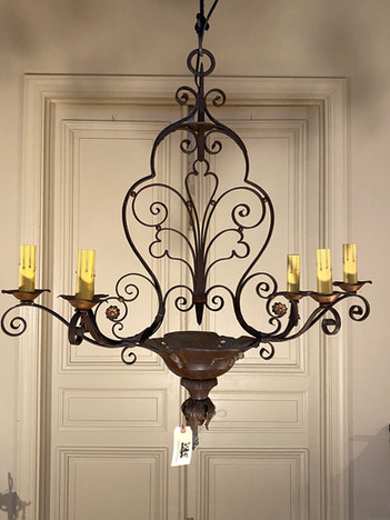 Antique French wrought iron 6 arm chandelier with gilt metal details and cut glass bead adornments