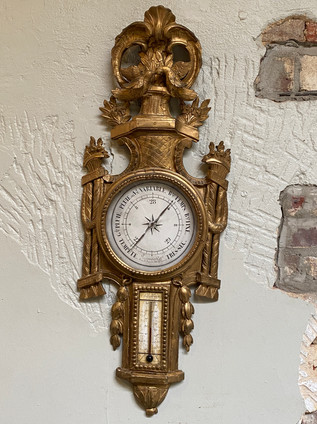 Antique Louis XVI carved giltwood barometer & thermometer with decorative floral & bird adornments