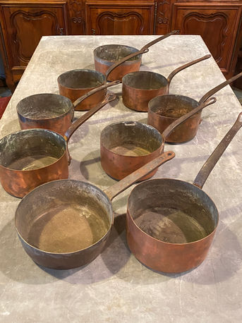 Antique French 19th century copper saucepan pots with cast iron handles