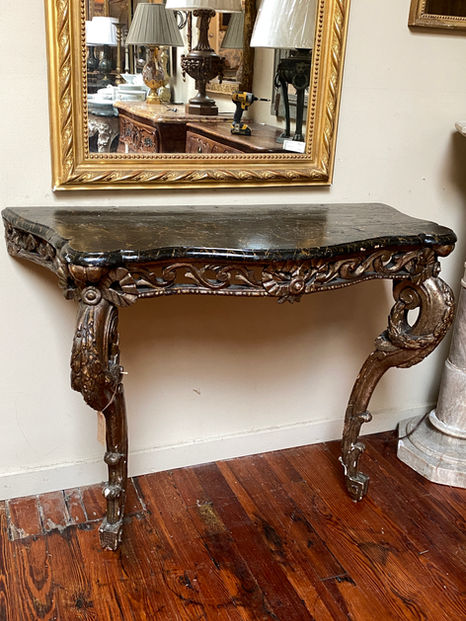 Antique Italian Louis XV style 18th century carved giltwood console with faux marble top