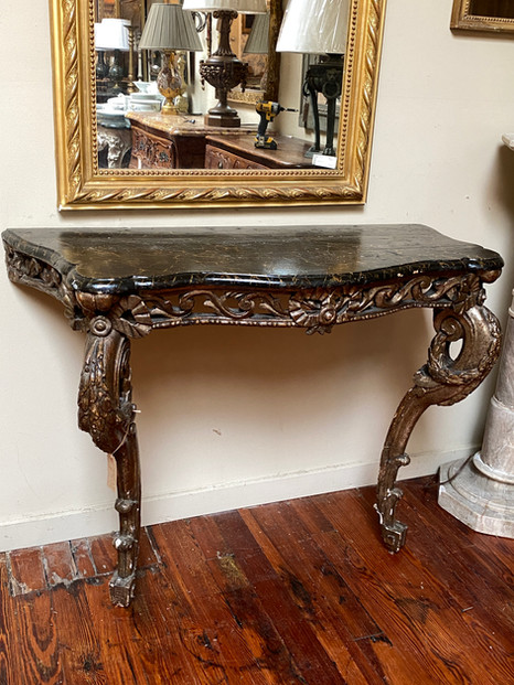 Antique Italian Louis XV style 18th century carved giltwood console with faux marble top