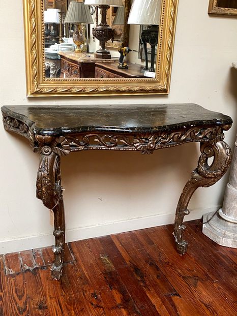 Antique Italian Louis XV style 18th century carved giltwood console with faux marble top
