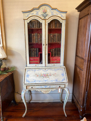 Antique Venetian Italian barocchetto style hand painted lacquered fall front secretaire writing desk with glass door bookcase top