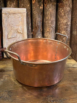 Antique french copper kitchen jam / jelly preserve pot with brass handles