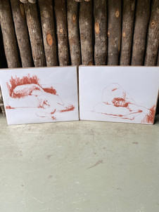 Vintage French sepia & watercolour lithograph nudes by Jacqueline Oblin (1933-1999)