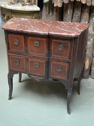 Antique French Louis XV breche rouge Languedoc marble top parquetry commode