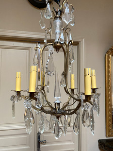 Antique French gilt bronze cage 6 arm chandelier with crystal solid finial, drops, and solid ball