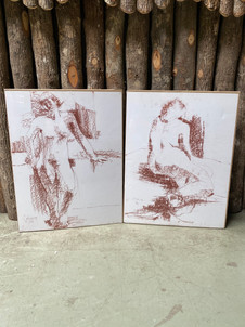 Vintage French color pencil lithograph nudes by Jacqueline Oblin (1933-1999)