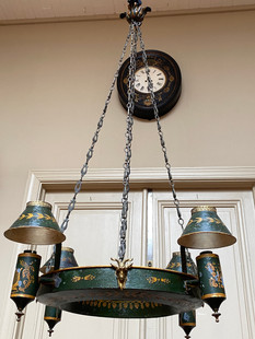 Antique French painted tole 4 light chandelier with ram head adornments and shades