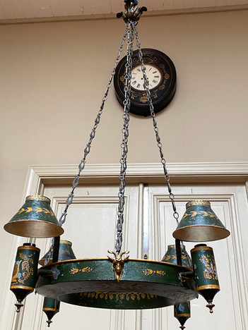 Antique French painted tole 4 light chandelier with ram head adornments and shades