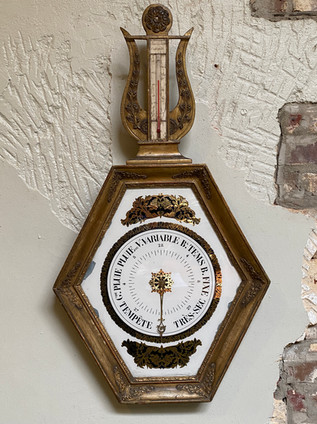 Antique French giltwood hexagonal shaped barometer with 'verre églomisé' face & lyre form cornus with thermometer