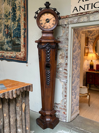 Antique French Louis XVI style carved fruitwood case pedestal stand clock with copper face