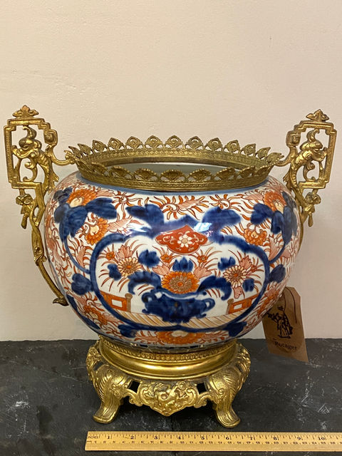 Antique Imari porcelain vase planter with Louis XVI style gilt bronze ormolu mounts