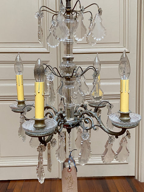 Antique French cast gilt bronze 4 light chandelier with crystal columns, drops, ball, and bobaches