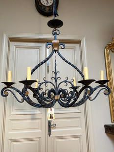 Antique French painted & gilt wrought iron six arm chandelier