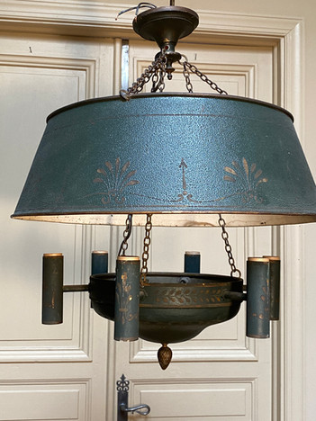 Antique French Empire 6 light painted and gilt tole chandelier with painted tole shade