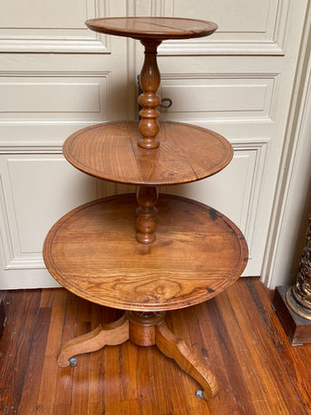 Antique French late 19th century elm three tier serving stand dumbwaiter