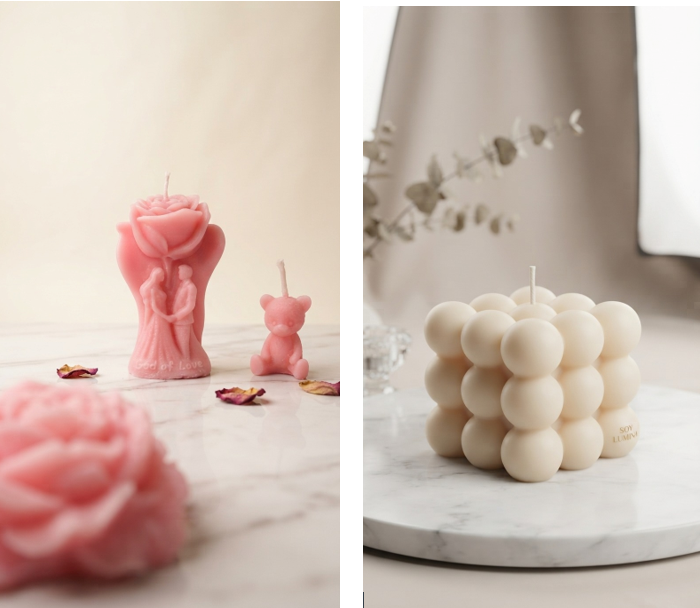 Decorative handmade candles by Aroma Path featuring floral, sculpted, and bubble candle designs.