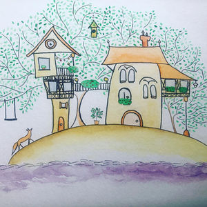 Maison sur île, aquarelle