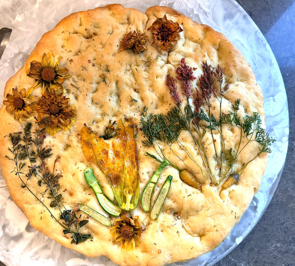 Baked Focaccia Bread with Rosemary-Garlic Salt and Edible Flowers