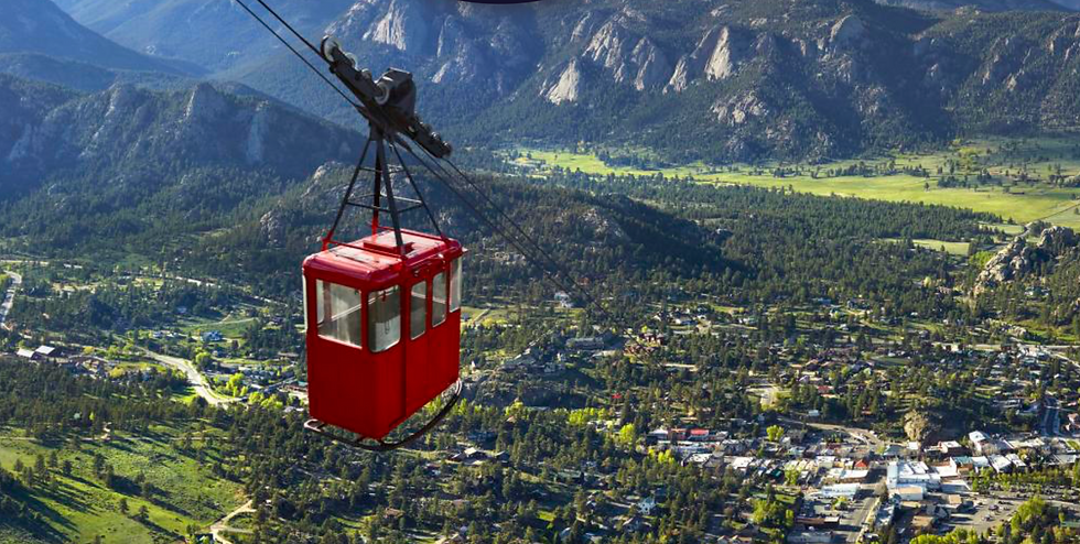 High angle view of Estes Park Aerial Tramway with mountains in the background