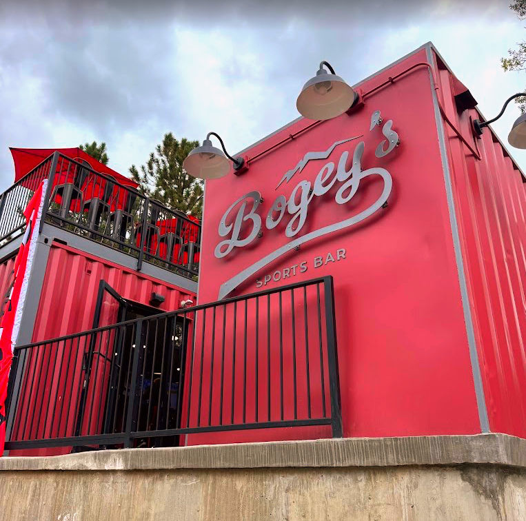 Red building with the words Bogey's Sports Bar on a cloudy day