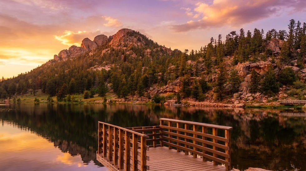 Eye-level view of Lily Lake with calm water reflecting surrounding pine trees and mountains