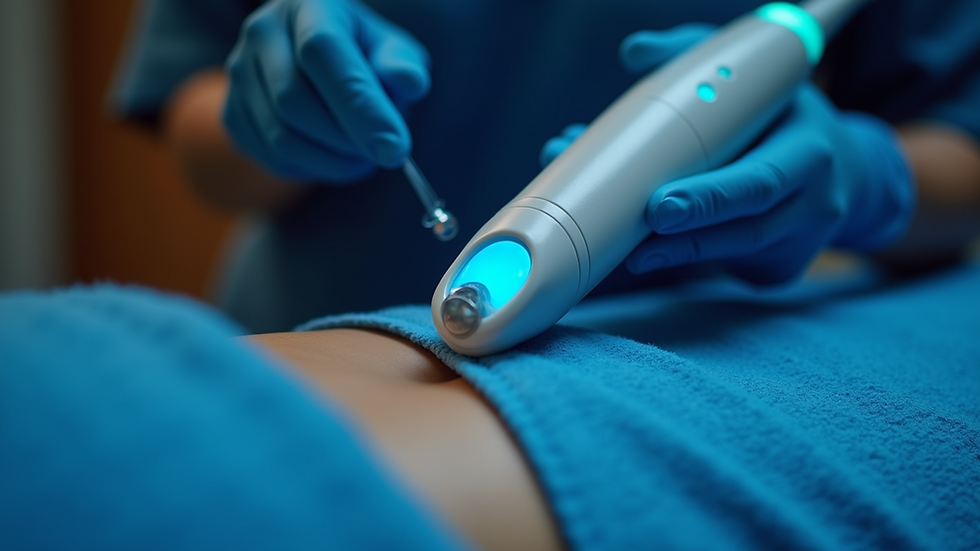 Close-up view of a skincare professional preparing ultrasound gel on a treatment handpiece