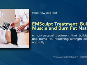 Patient receiving EMSculpt treatment on the abdomen using electromagnetic contouring device at Reviva Skin Lab clinic.