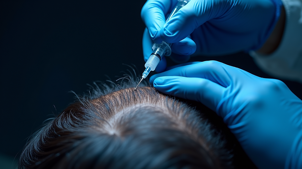 Close-up view of scalp with hair follicles during PRP injection