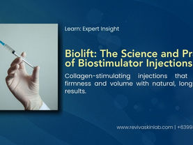 Gloved hand holding syringe for biostimulator injections; Biolift collagen-stimulating treatment, Reviva Skin Lab.