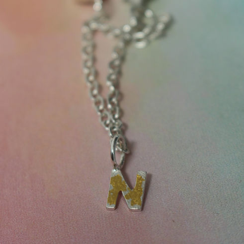 24ct gold foil Keum-Boo sterling silver N letter tag.