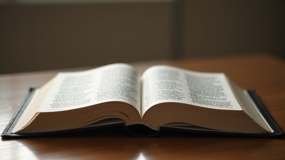 Close-up view of a single open Bible on a wooden table