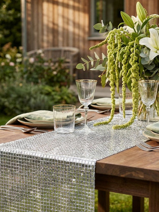 sequin table runner for an outdoor garden party