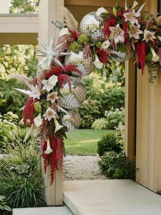 A disco balloon and floral garland