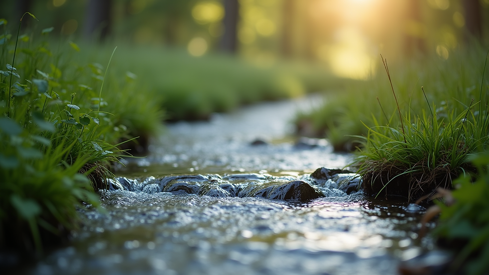 Close-up view of a serene nature scene with a flowing stream