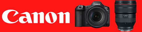 Canon logo, camera, and lens on a red background, theshutterbug.
