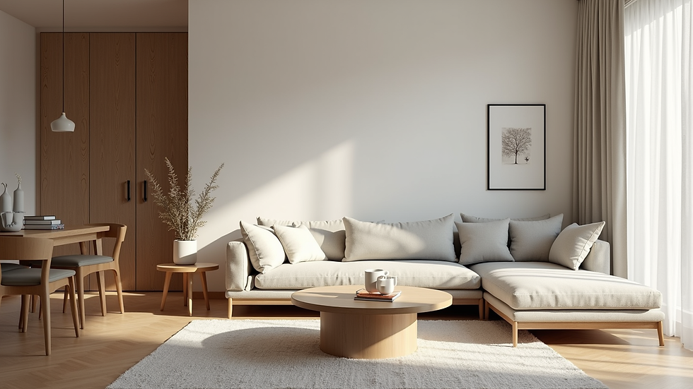 Eye-level view of a neatly organized living room with minimal furniture