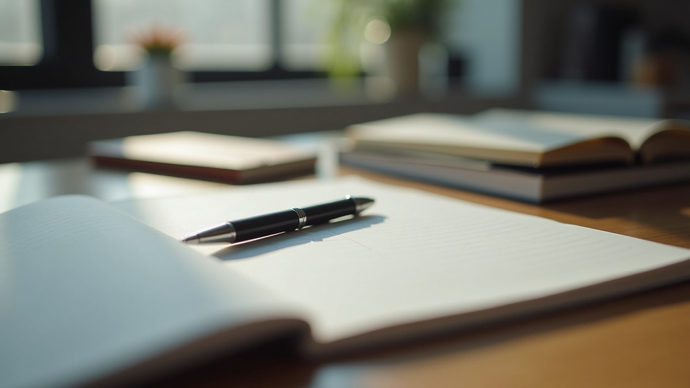 Eye-level view of a tidy desk with a notebook and pen