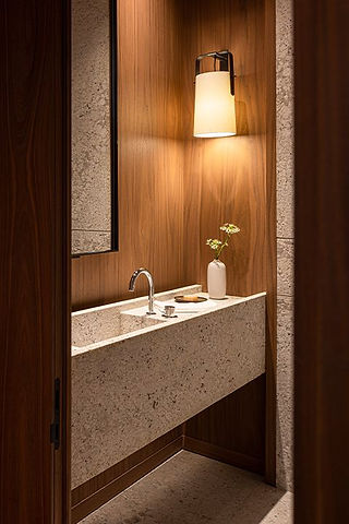Modern bathroom design with mid-toned wood wall, stone counter with integrated sink, and sconce lighting. 