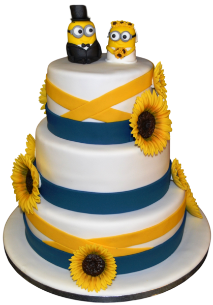 Three-tiered wedding cake with sunflowers, blue and yellow ribbons, and character toppers.