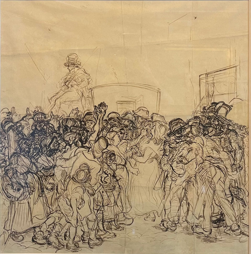 Alfred DEHODENCQ
Paris, 1822 - Paris, 1882
« L’Arrestation de Charlotte Corday »
Encre et crayon sur papier
47 x 46 cm