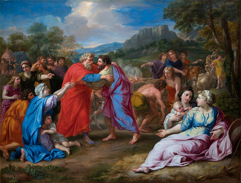 Arnould de VUEZ 
Saint-Omer 1644 – Lille 1720

“The reconciliation of Jacob and Esau”

Circa 1678
Oil on canvas ; 105 x 137 cm 

Bibliography: F. Marandet, Arnould de Vuez, Peindre en Flandre sous Louis XIV, Lille, Nord'Imprim / Musée des Beaux-Arts de Cambrai, 2020; L. Quarré - Reybourbon, Arnould de Vuez - Peintre Lillois 1644-1720, Lille, Lefebvre-Ducrocq, 1904. 

Provenance: private collection since 1920, castle in the Périgord Vert; by inheritance, descendants of the artist; studio collection of Arnould de Vuez