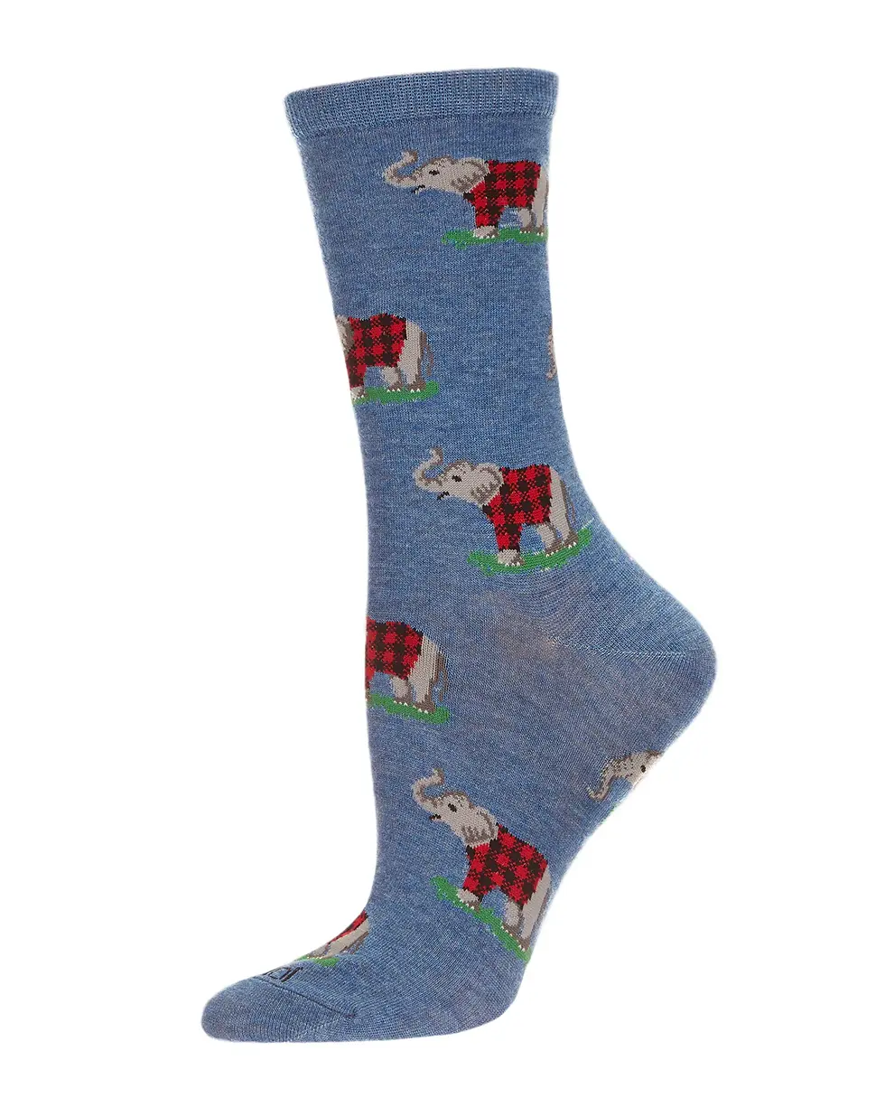 Elephants in Plaid Bamboo Blend Crew Socks for Women by Me Moi